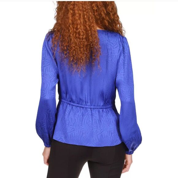 NWT MICHAEL KORS LONG SLEEVE PEPLUM HEM FAUX WRAP TOP/TUNIC ROYAL P/L MSRP $98 - Picture 2 of 10